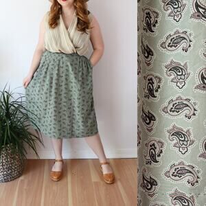 SIZE 12 1980s Paisley Green Skirt Pleated‎ Midi with Pockets